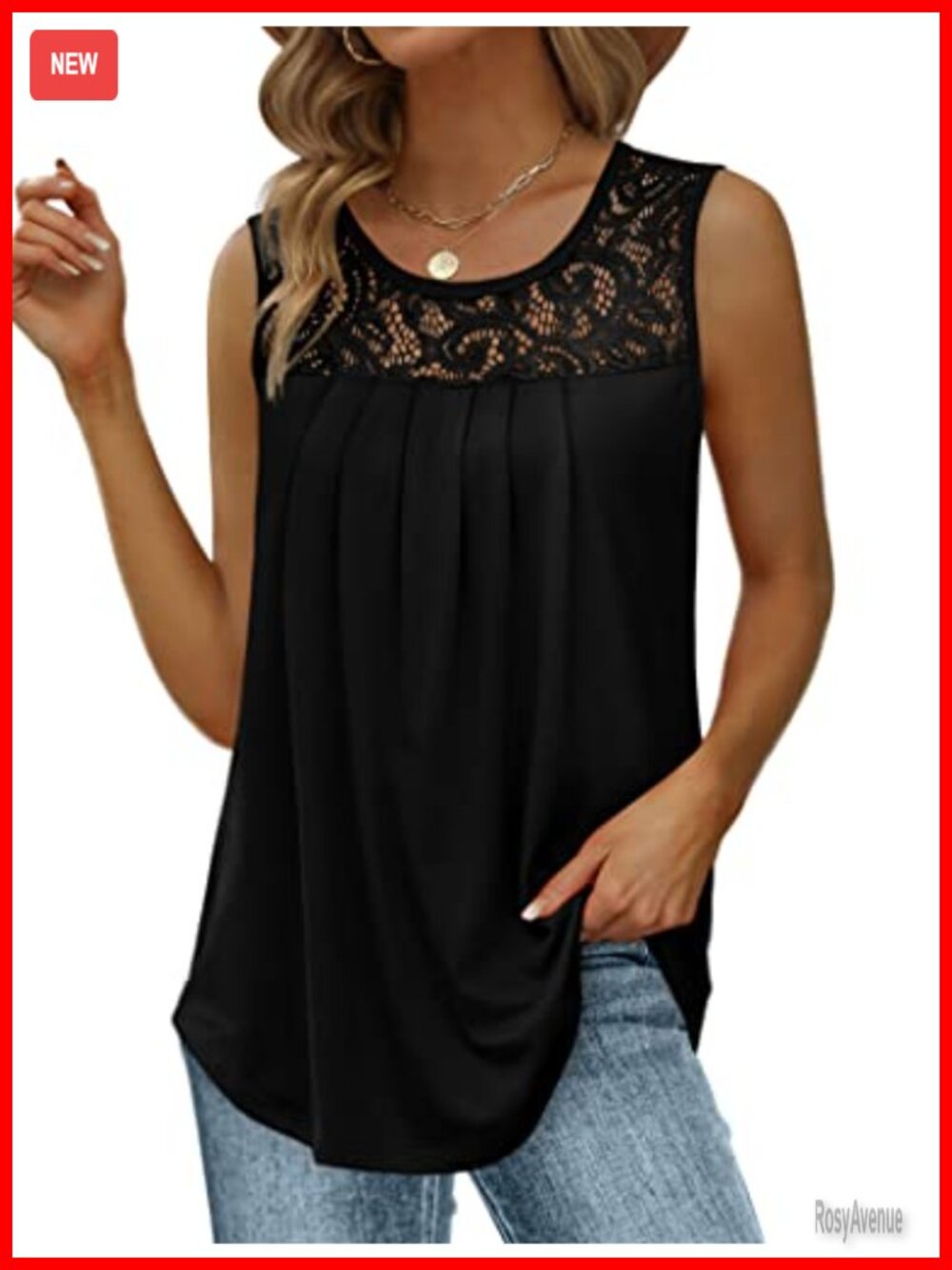 Saloogoe Loose Fit Pleated Tank Top Scoop Neck Sleeveless Lace Curved Hem Flowy
